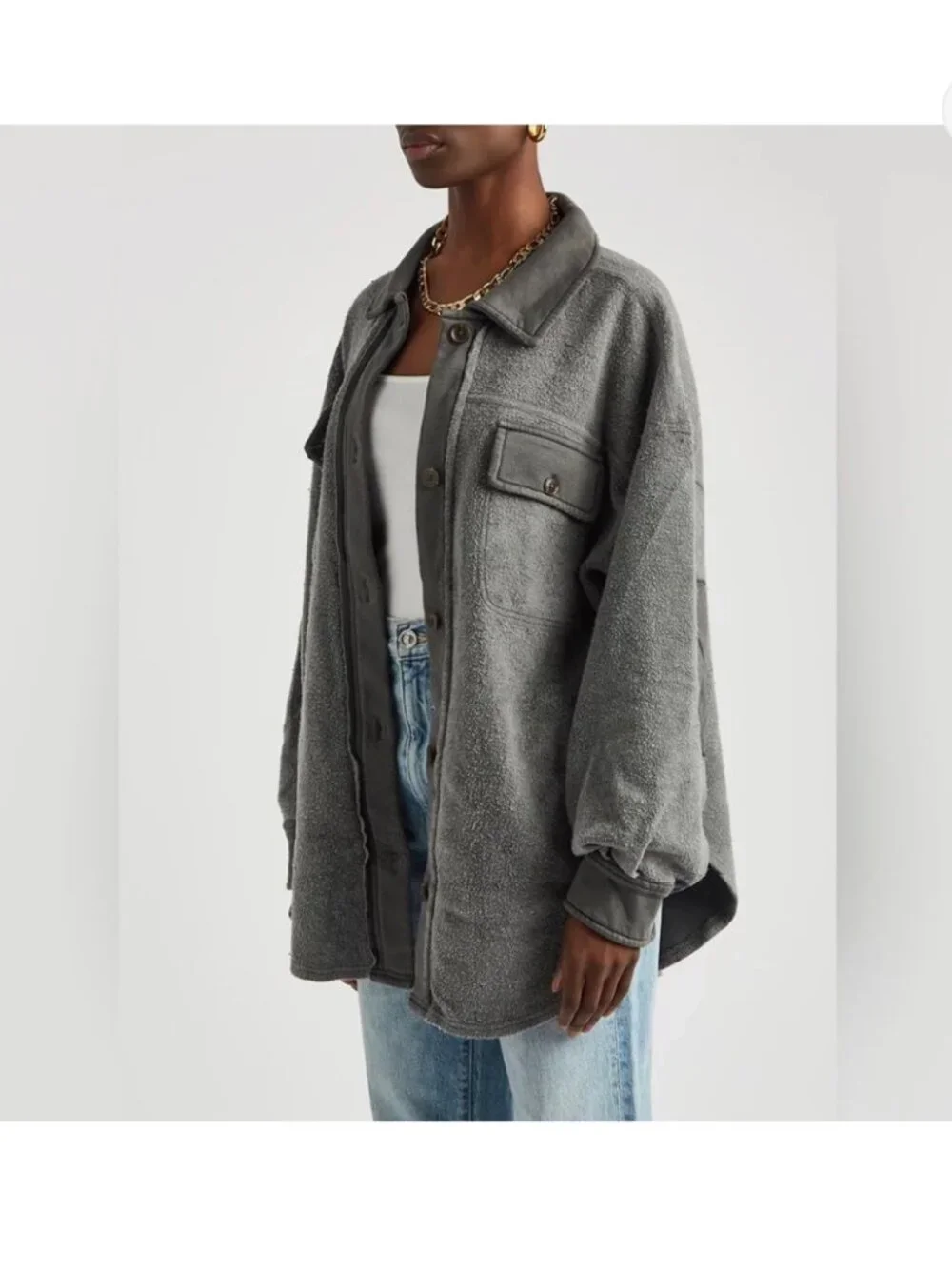 Free People Ruby Fleece Jacket M Shacket Grey Distressed Boho Oversized Pockets